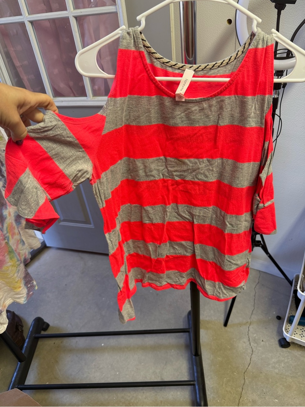 Honeyme Gray and Bright Pink Striped Cold-Shoulder Top